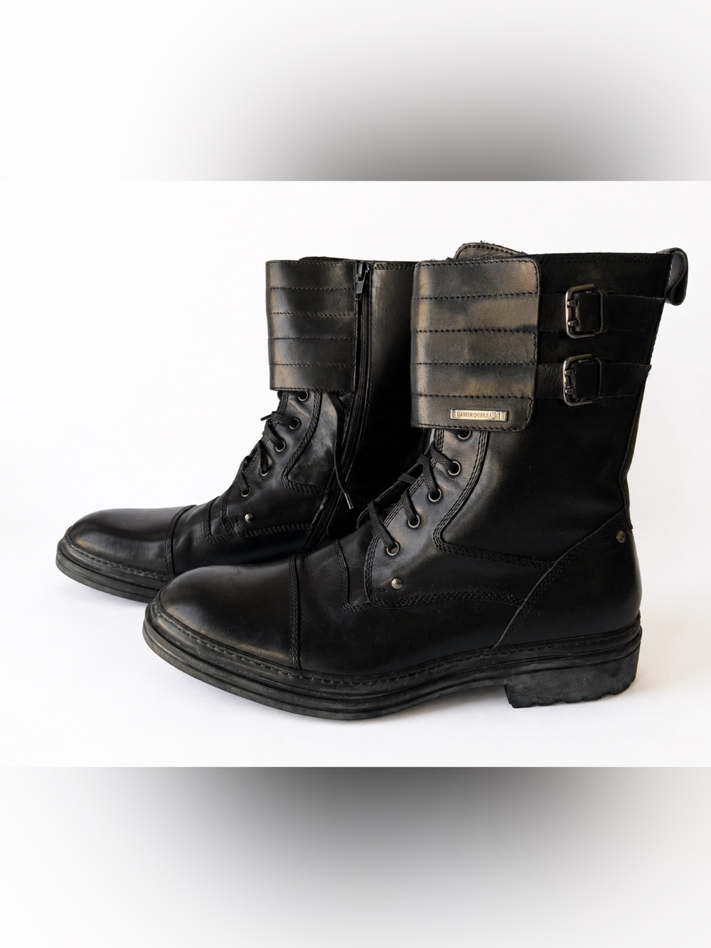 Bruno Magli Black Leather Combat Moto Boots Men’s 10 Lace Up Buckle Italy